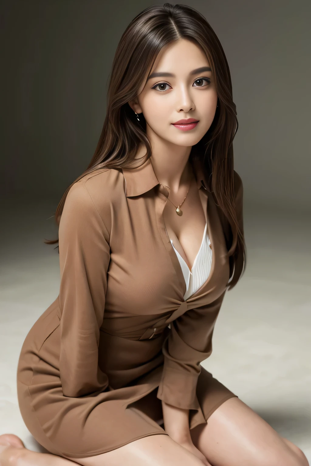 (RAW Photos), (Realistic), (masterpiece), (highest quality), High resolution, 8k, (Intricate details), (Volumetric Light), Portraiture, woman, Age 25, Medium Hair, Straight hair, Layered Hair, Brown Hair, Very beautiful eyes, Source order, Very thin eyebrows, Very fine skin, Very beautiful mouth, Very nice nose, Cute like an idol, Cleavage、smile, (Thick lips), (Looking at the audience), (Collared dress shirt), Above the knee shot,Slim figure、