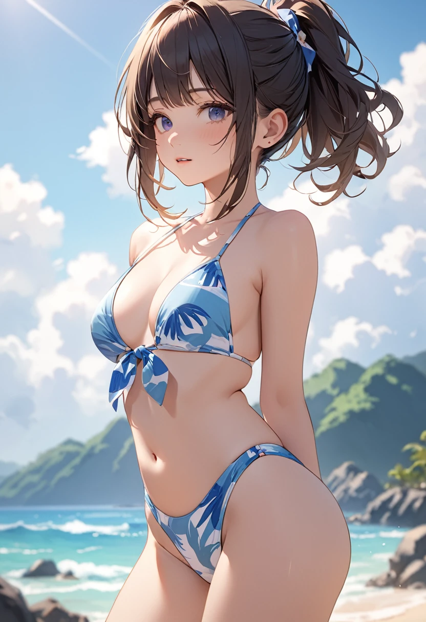 ,Girl,,Flat Chest,Little white panties,Small nipples,Highest quality、High resolution、Detailed Background、Beautiful face in every detail、Teenage Beau hair colour、Brown Hair、Black Hair、Bobcut、Twin tails、Big smile、boost mood、 Summer sun、Shining Sea,Angle from below、Leg spread、Embarrassing、
