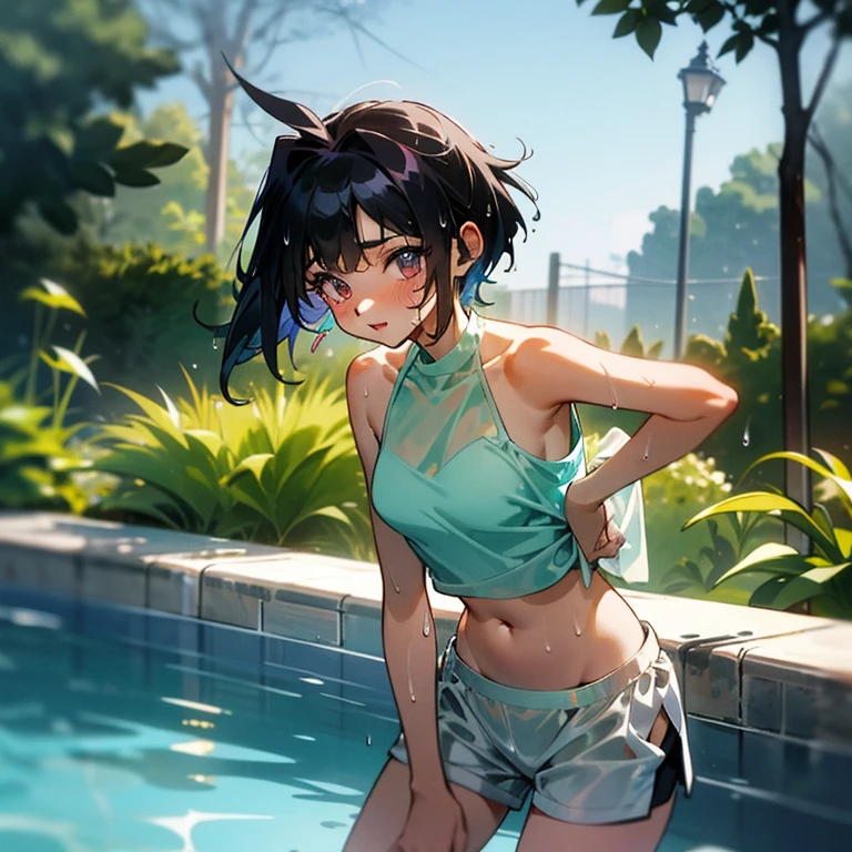 Cool girl、Boyish Girl、Sporty、tits、Wet and transparent、Wet, see-through clothes、Her halter neck camisole is wet and her underwear is visible、Navel Reveal Style、I have a towel、Wet、oil、slimy、Pixie Cut、black hair color、Shorts、
、high school girl、Gal、Dark brown skin、garden、Pool、tall、Slender beauty、Curved waist、Beautiful clavicle、