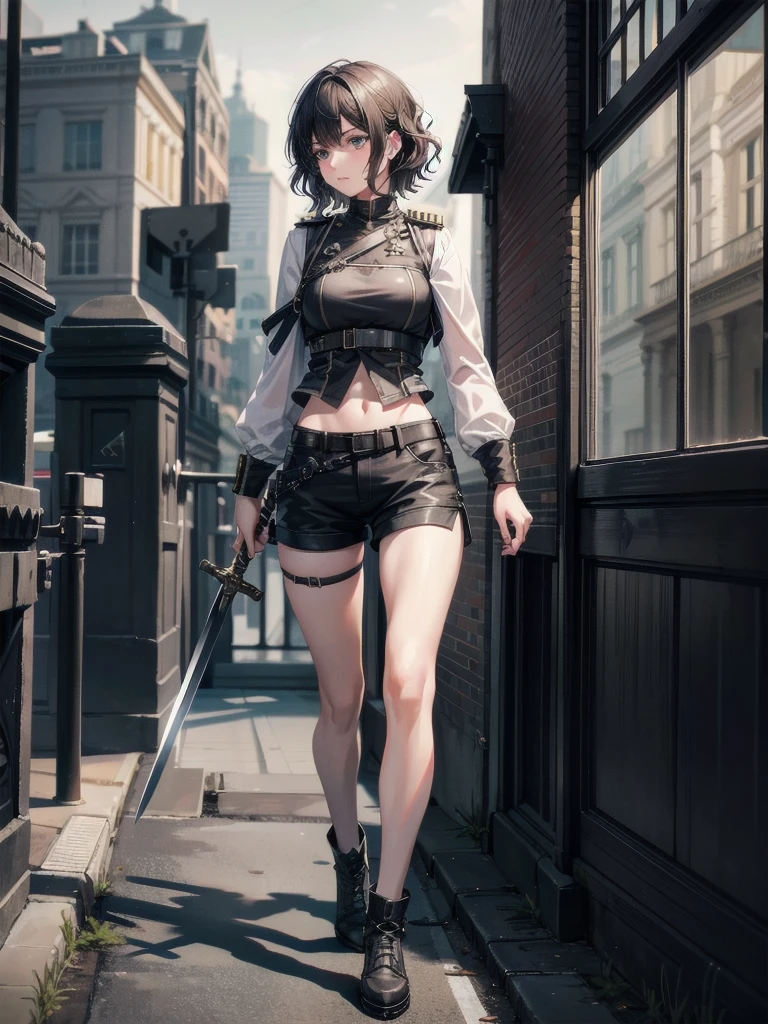 full body shot, long sword, Black military uniform, Ladies' military vests, absurdres, RAW photo, extremely delicate and beautiful, masterpiece, Best Quality, ultra high resolution, 32k, hyperrealistic, ultra-detailed, tearful mole, earring, short medium hair, wavy hair, urban backdrop, shorts, midriff,