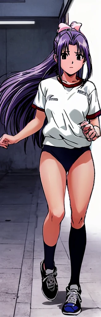 Momoko Koigakubo, a tall girl with beautiful legs, is running backwards in a white gym uniform and a light-colored navy blue bloomer that looks like panties.。