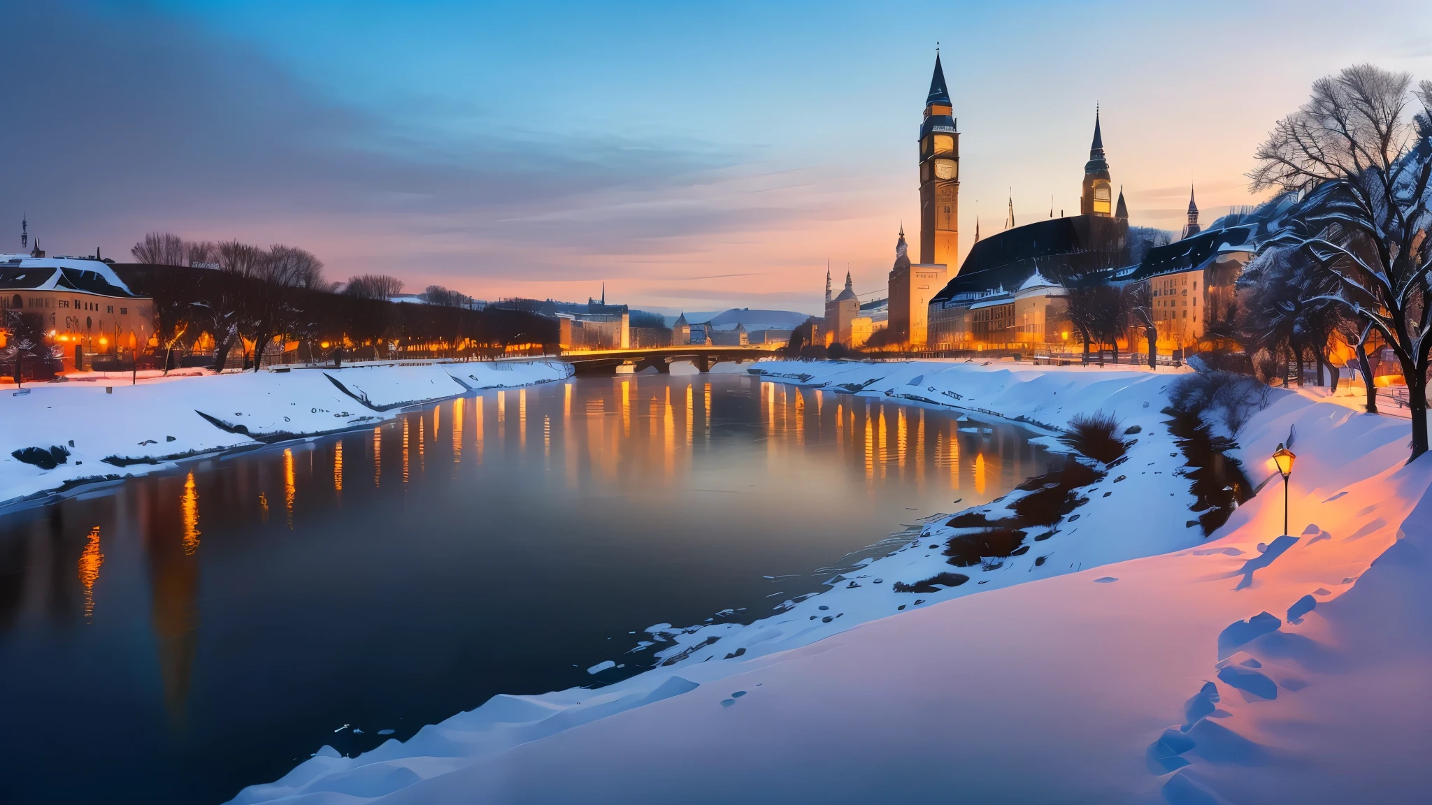 View of the river Arafat with the clock tower in the background, winter setting, on the frozen Danube, By Matthias Weischer, winter, trend, by Emanuel Büchel, Surrounding the city, Cold but beautiful, Gabor Sikzai, Historical background, Shutterstock, By Werner Gzeit, european river, night, frozen rivers