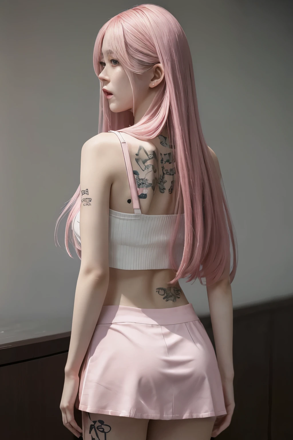 masterpiece、highest quality、Realistic photos、Extremely realistic details、Young woman with long pink hair, Japanese、Cute face、With a tattooed body, She is wearing a mini skirt and a white crop top, A full-body image from behind, showing a glimpse of the buttocks