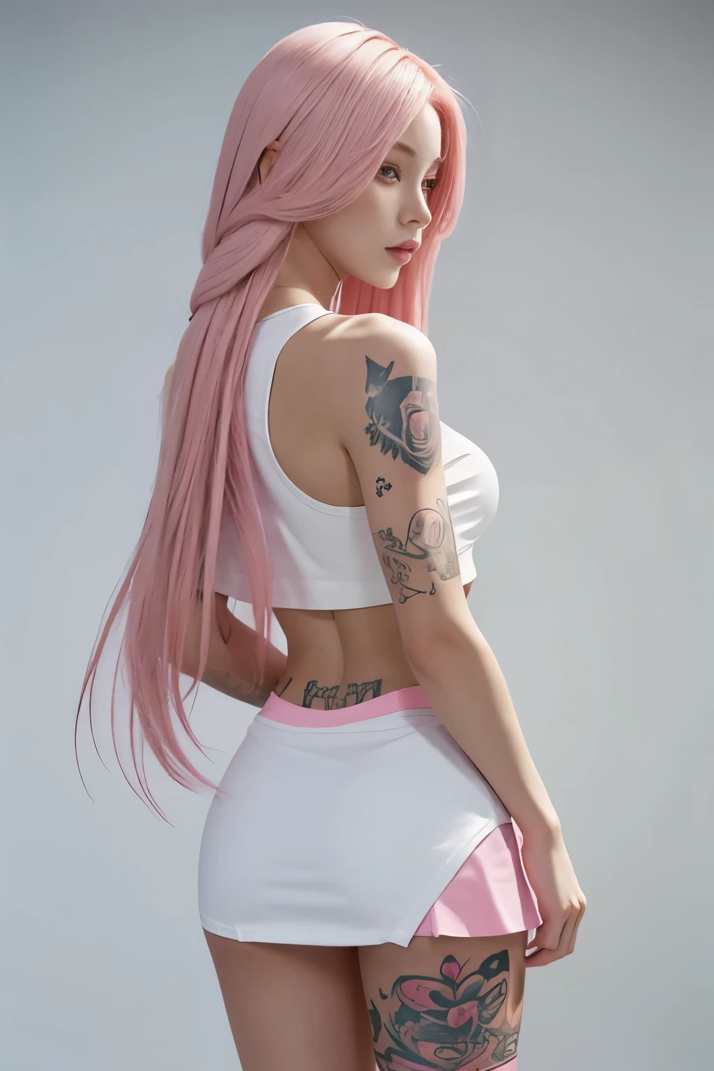 Young woman with long pink hair, With a tattooed body, She is wearing a mini skirt and a white crop top, A full-body image from behind, showing a glimpse of the buttocks
