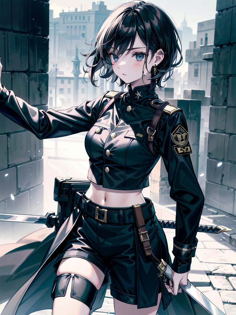 whole body, long sword, Black military uniform, Ladies' military vests, absurdres, RAW photo, extremely delicate and beautiful, masterpiece, Best Quality, ultra high resolution, 32k, hyperrealistic, ultra-detailed, tearful mole, earring, short medium hair, wavy hair, urban backdrop, shorts, midriff,