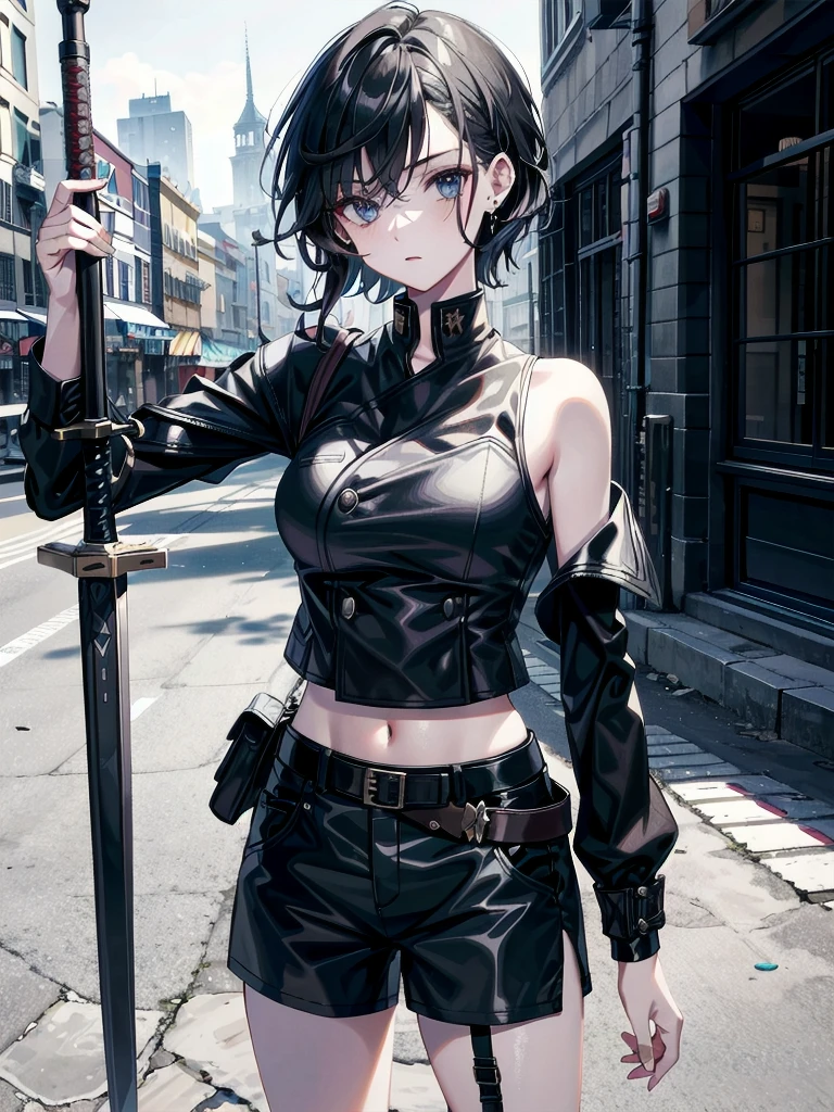 whole body, long sword, Black military uniform, Ladies' military vests, absurdres, RAW photo, extremely delicate and beautiful, masterpiece, Best Quality, ultra high resolution, 32k, hyperrealistic, ultra-detailed, tearful mole, earring, short medium hair, wavy hair, urban backdrop, shorts, midriff,