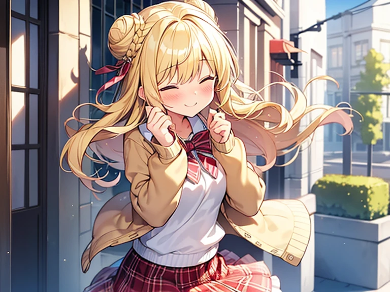 Top quality, 1 beautiful woman, junior high school student, Blonde, Medium Hair, Wavy Hair, (single Bun Hair), Hair blowing in the wind, standard weight, happy, closed eyes , blush, Cardigan, plaid frill skirt, beautiful scene of main street