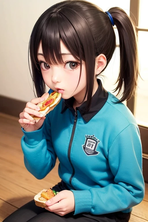 ponytail, A female junior high school student sitting on the floor and eating a sandwich, In uniform