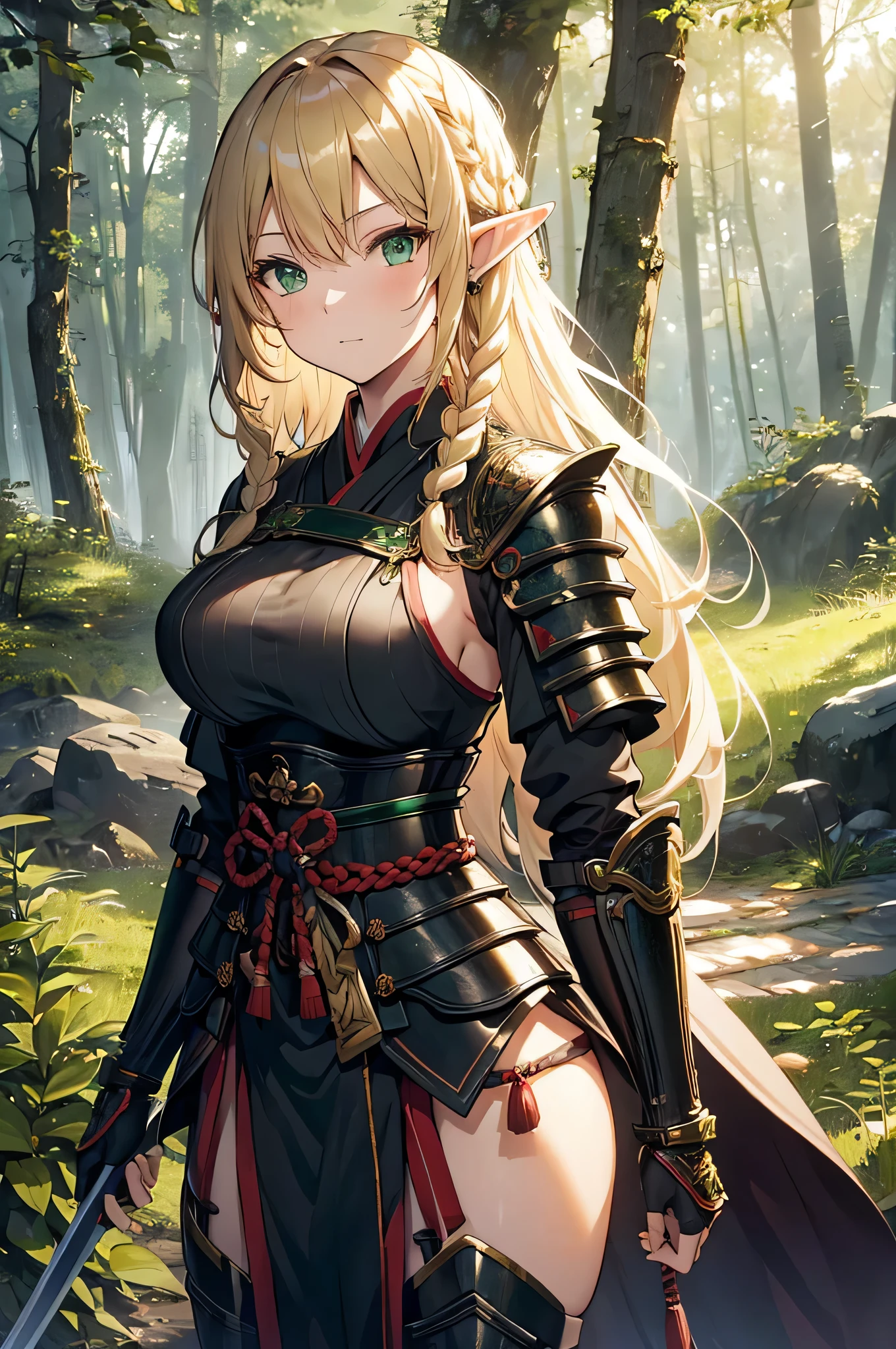 4k,High resolution,One Woman,Elf,Blonde,long hair,Braid,Green Eyes,Big Breasts,samurai,White samurai armor,Full Armor,Heavy Armor,Jewelry decoration,Big Japan sword,in the forest