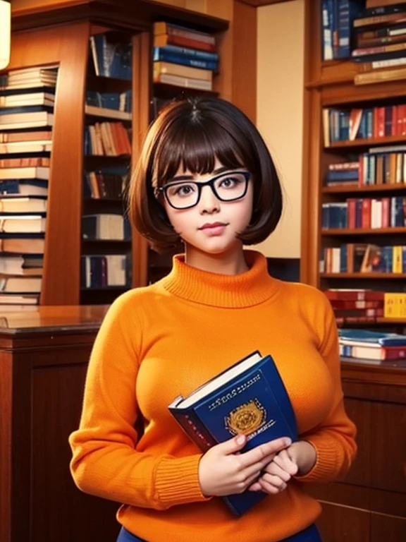 High 、big breasts、eye glass、book library、unclear、Short Bob、a beauty girl, velma, orange sweater