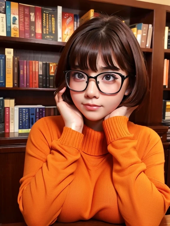 High school students、big breasts、eye glass、book library、unclear、Short Bob、a beauty girl, velma, orange sweater