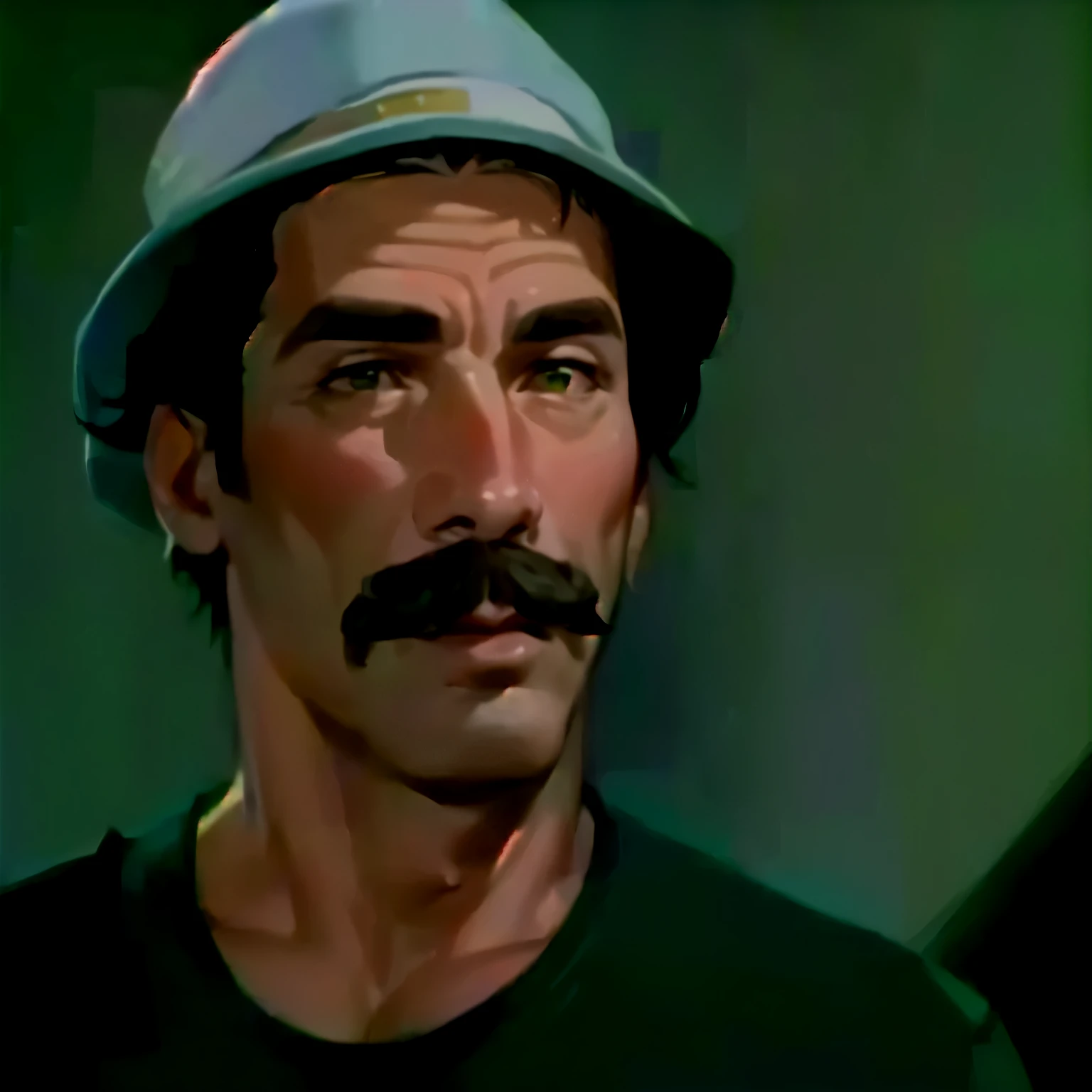 a close-up of a man in a hat and a green shirt, Dom Ramon, Ron Cobb. cinema, o Chaves, o Chaves del ocho, basil gogos, queixo longo, ator, smug look, foto de retrato, juanmao, carmelo blandino, Billy Christian, quint, preston blair, bigode mexicano
