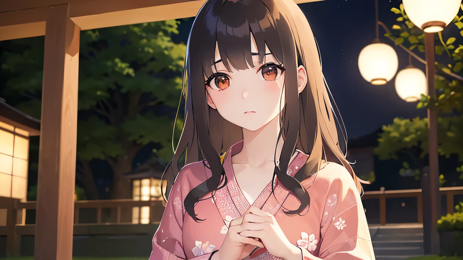 looking up, Biologically correct five fingers、A close-up of your face、Realistic, real person, (pale skin: 1.2), RAW photo, photorealistic, shiny skin, shiny hair、(25 year old woman with bangs) and (wavy hair) and (brown hair) and (orange eyes) , (yukata) and (pink) and (Floral patterns)、(sad:1.3), The background is a Japanese park at night、Alone、Are standing