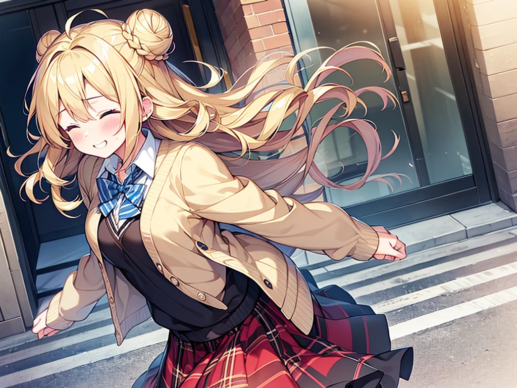 Top quality, 1 beautiful woman, junior high school student, Blonde, Medium Hair, Wavy Hair, (single Bun Hair), Hair blowing in the wind, standard weight, happy, closed eyes , blush, Cardigan, plaid frill skirt, beautiful scene of main street