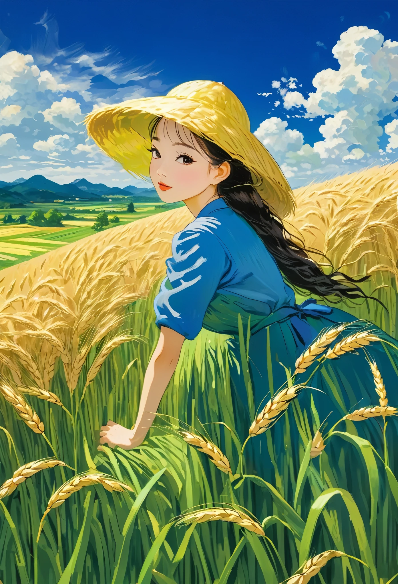 Wheat Field, 站在Wheat Field里的戴着草帽的女孩, Big Cloud, Blue sky, paddy, Neat rice seedlings in the field, forest, hillside, secluded, countryside, High-resolution details, Ultra Detail, Integrating into the art of Van Gogh