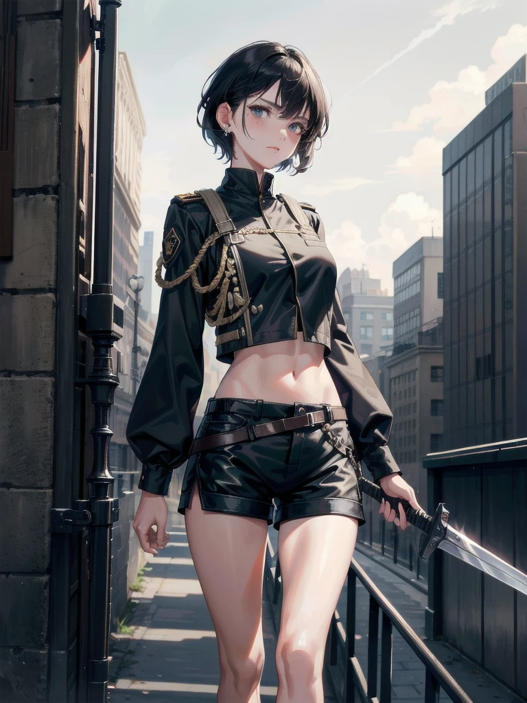 whole body, long sword, Black military uniform, Ladies' military vests, absurdres, RAW photo, extremely delicate and beautiful, masterpiece, Best Quality, ultra high resolution, 32k, hyperrealistic, ultra-detailed, tearful mole, earring, short medium hair, wavy hair, urban backdrop, shorts, midriff, 