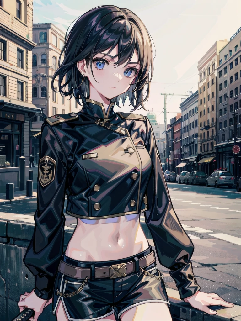 whole body, long sword, Black military uniform, Ladies' military vests, absurdres, RAW photo, extremely delicate and beautiful, masterpiece, Best Quality, ultra high resolution, 32k, hyperrealistic, ultra-detailed, tearful mole, earring, short medium hair, wavy hair, urban backdrop, shorts, midriff,