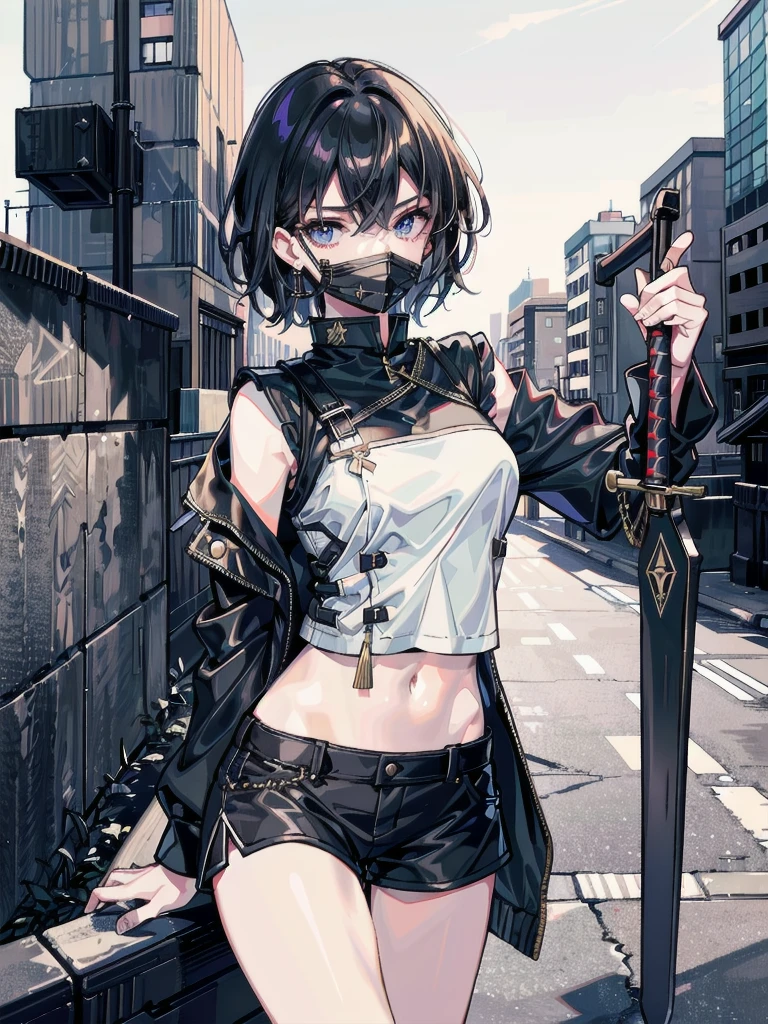 whole body, long sword, Black military uniform, Ladies' military vests, absurdres, RAW photo, extremely delicate and beautiful, masterpiece, Best Quality, ultra high resolution, 32k, hyperrealistic, ultra-detailed, tearful mole, earring, short medium hair, wavy hair, urban backdrop, shorts, midriff, 