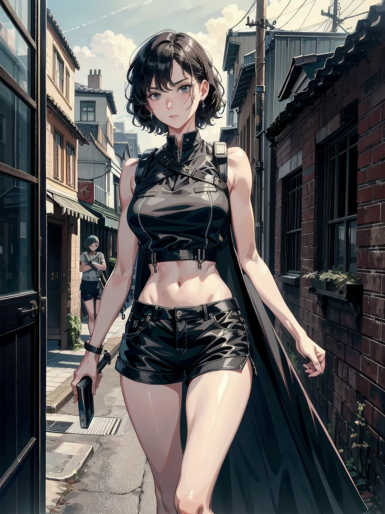whole body, long sword, Black military uniform, Ladies' military vests, absurdres, RAW photo, extremely delicate and beautiful, masterpiece, Best Quality, ultra high resolution, 32k, hyperrealistic, ultra-detailed, tearful mole, earring, short medium hair, wavy hair, urban backdrop, shorts, midriff,