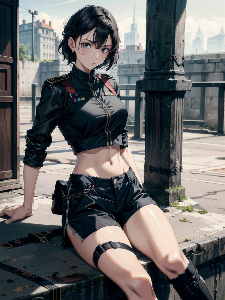 whole body, long sword, Black military uniform, Ladies' military vests, absurdres, RAW photo, extremely delicate and beautiful, masterpiece, Best Quality, ultra high resolution, 32k, hyperrealistic, ultra-detailed, tearful mole, earring, short medium hair, wavy hair, urban backdrop, shorts, midriff, 