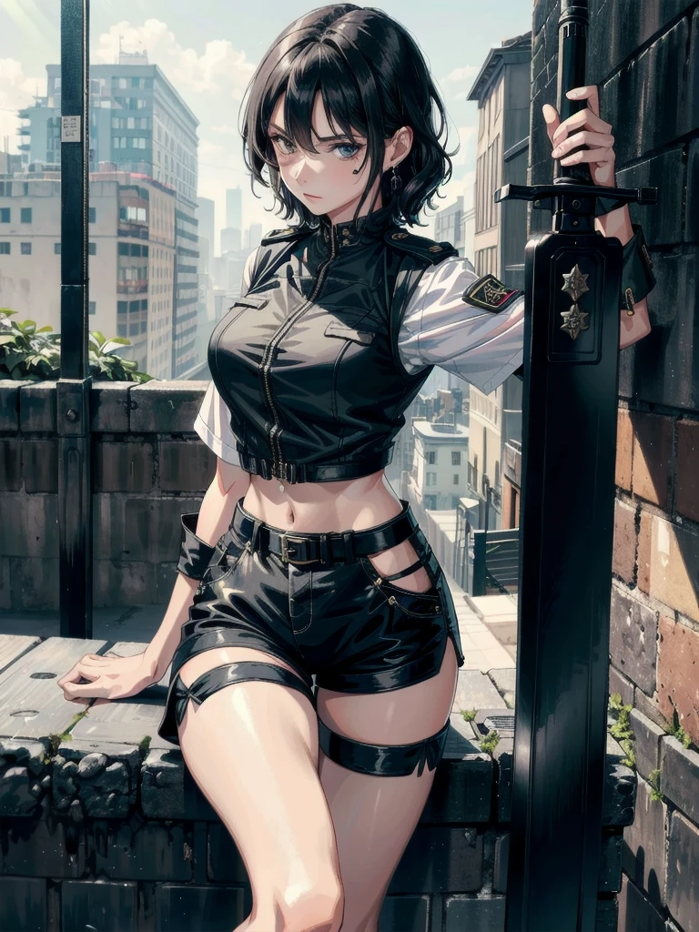 whole body, long sword, Black military uniform, Ladies' military vests, absurdres, RAW photo, extremely delicate and beautiful, masterpiece, Best Quality, ultra high resolution, 32k, hyperrealistic, ultra-detailed, tearful mole, earring, short medium hair, wavy hair, urban backdrop, shorts, midriff, 