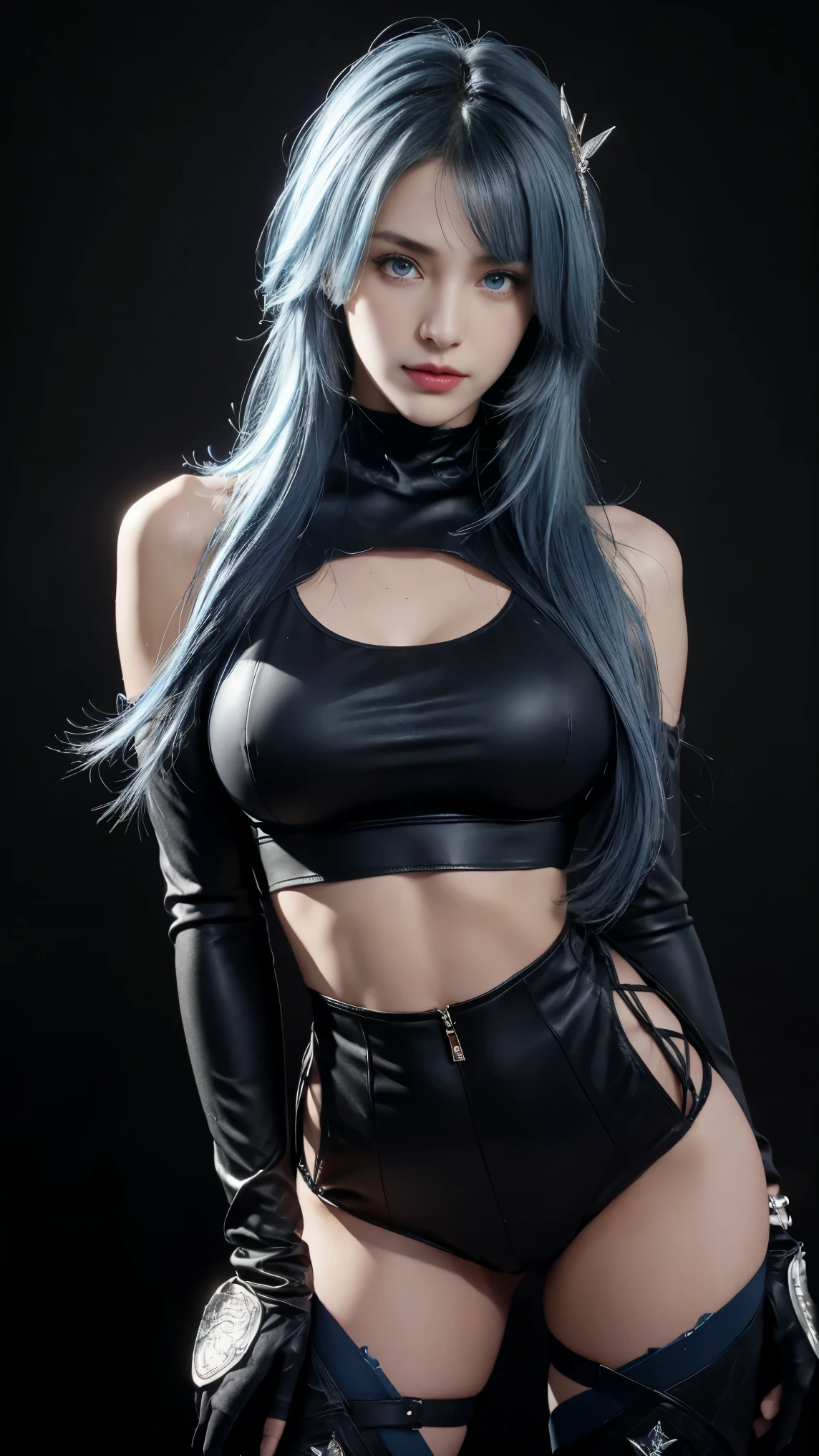 8K, Top Quality, Intricate Details, Ultra Detail, Ultra High Resolution, Masterpiece, close up shot, (full body: 1.1), Slender, Smile, (Makeup: 0.4), (Fluffy Eyes: 1.21), (()), 1girl, solo, 1 girl, ((blue hair, blue eyes, hair over one eyes, , long hair, hair ornament)), close up shot, , ((tall)), (((fit body))), (((slim face))), sharp face, (( crop top, hot pants,)) (detailed face), sharp face, small lips, , , ,
((, )), , ((,)), detailed face, detailed breast, , ((large breast, huge breast)), detail ass, Narrow Waist, Skinny, tall , 175 cm tall, Muscular, Navel, Exposed Abdomen, Pointed Chest,, Beautiful girl with accentuated slender abs: 1.4, Six Pack Abs: 1.4, Bust Botox, Big, Perfect Body, detail leg, (( dark background)), black background,