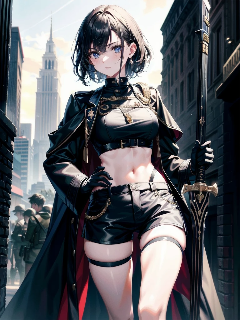 whole body, long sword, Black military uniform, Ladies' military vests, absurdres, RAW photo, extremely delicate and beautiful, masterpiece, Best Quality, ultra high resolution, 32k, hyperrealistic, ultra-detailed, tearful mole, earring, short medium hair, wavy hair, urban backdrop, shorts, midriff,