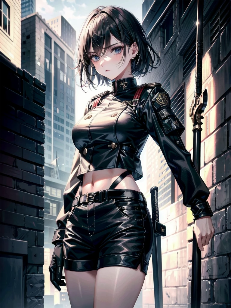 whole body, long sword, Black military uniform, Ladies' military vests, absurdres, RAW photo, extremely delicate and beautiful, masterpiece, Best Quality, ultra high resolution, 32k, hyperrealistic, ultra-detailed, tearful mole, earring, short medium hair, wavy hair, urban backdrop, shorts, midriff,