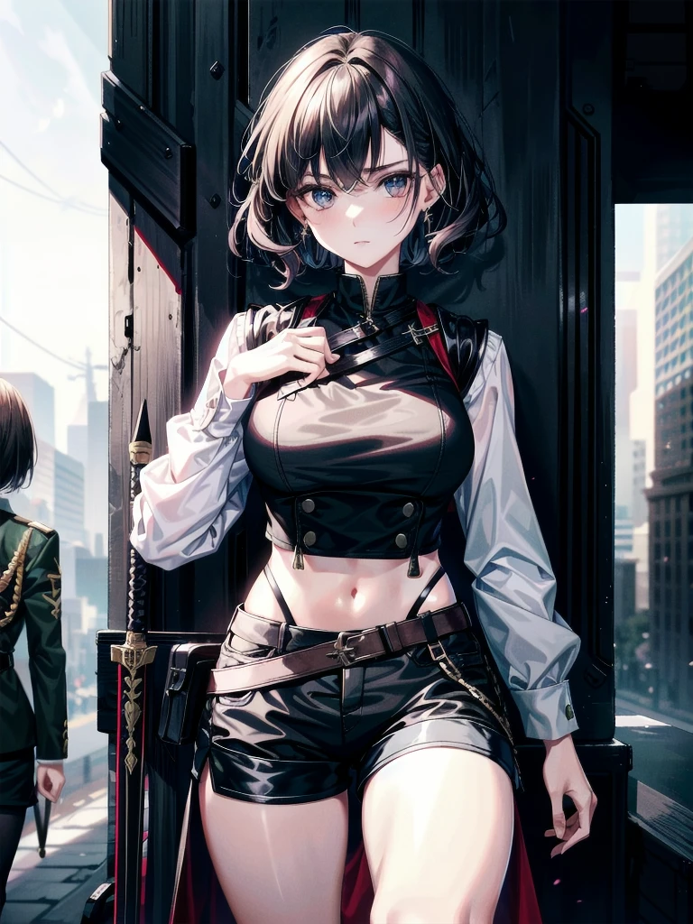 whole body, long sword, Black military uniform, Ladies' military vests, absurdres, RAW photo, extremely delicate and beautiful, masterpiece, Best Quality, ultra high resolution, 32k, hyperrealistic, ultra-detailed, tearful mole, earring, short medium hair, wavy hair, urban backdrop, shorts, midriff, 
