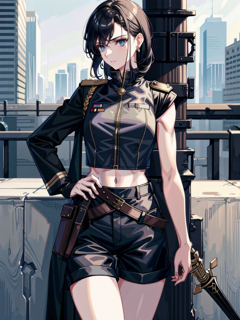 whole body, long sword, Black military uniform, Ladies' military vests, absurdres, RAW photo, extremely delicate and beautiful, masterpiece, Best Quality, ultra high resolution, 32k, hyperrealistic, ultra-detailed, tearful mole, earring, short medium hair, wavy hair, urban backdrop, shorts, midriff,