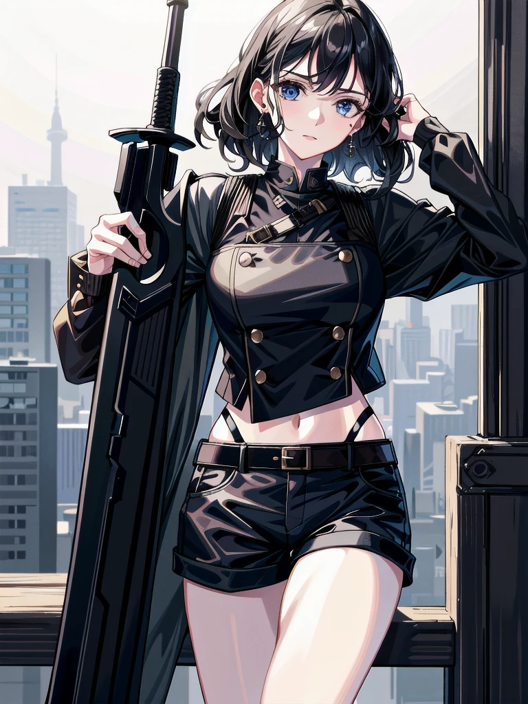 whole body, long sword, Black military uniform, Ladies' military vests, absurdres, RAW photo, extremely delicate and beautiful, masterpiece, Best Quality, ultra high resolution, 32k, hyperrealistic, ultra-detailed, tearful mole, earring, short medium hair, wavy hair, urban backdrop, shorts, midriff,