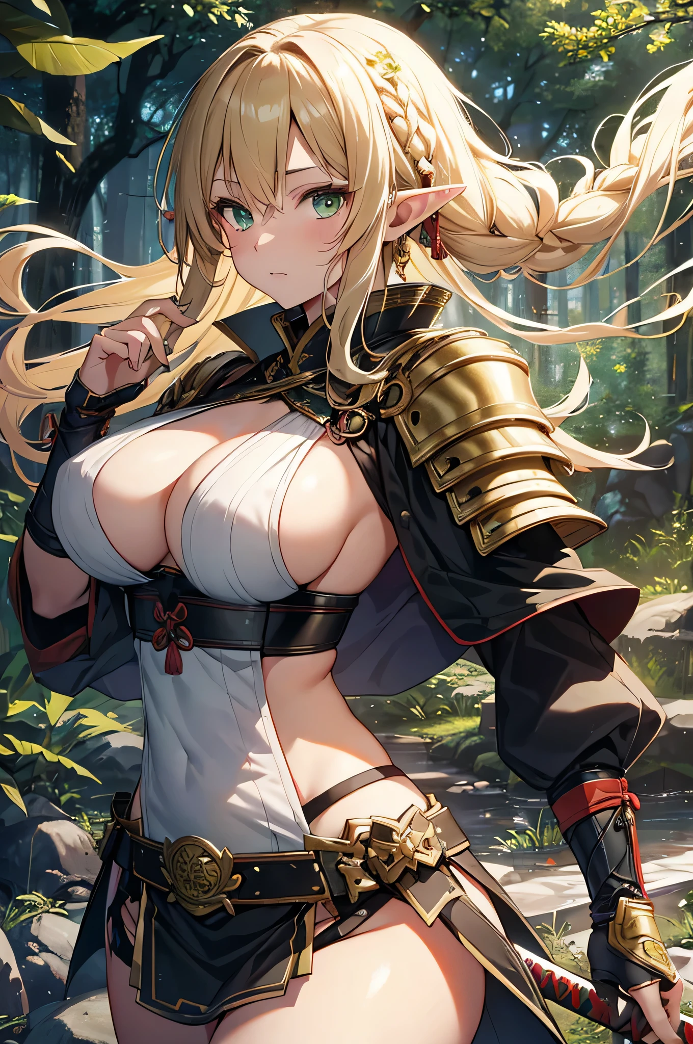 4k,High resolution,One Woman,Elf,Blonde,long hair,Braid,Green Eyes,Big Breasts,samurai,White samurai armor,Full Armor,Heavy Armor,Sideboob,Jewelry decoration,Big Japan sword,in the forest