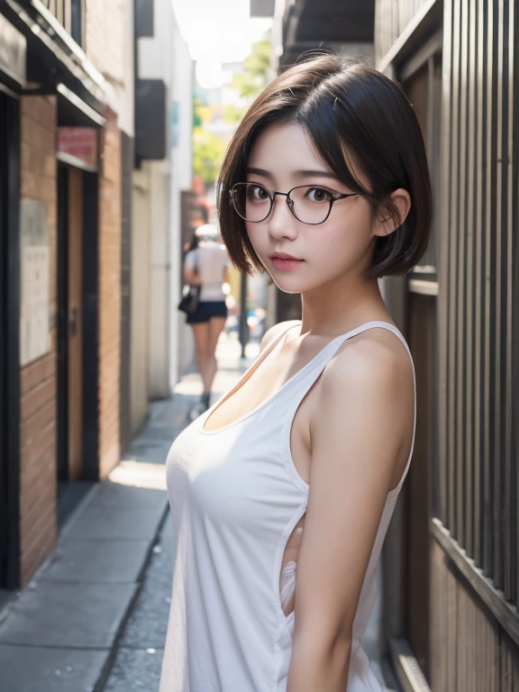 High school students、big breasts、eye glass、street alley、unclear、Short Bob、a beauty girl, Wearing Tanktop