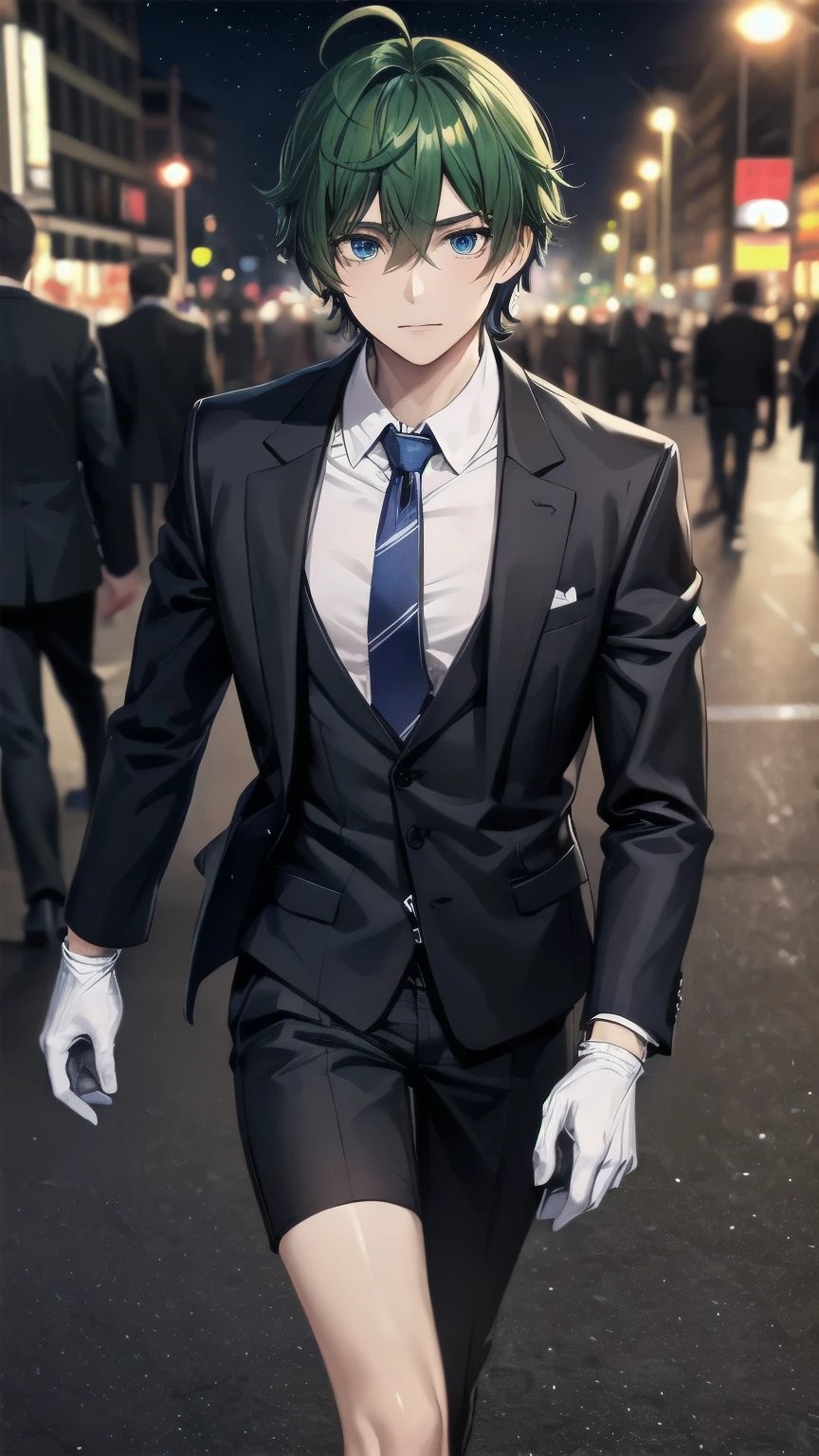 (masterpiece), ((sfw)), best quality, expressive eyes, perfect face, mature male, ((1boy, adult Man)), young adult, young man, solo, Green hair BREAK ahoge, blue eyes BREAK formal outfit, black outfit, necktie, white gloves BREAK standing, closed mouth, pov, city lights, night streets, ((crowd, people)), night sky, starry sky 