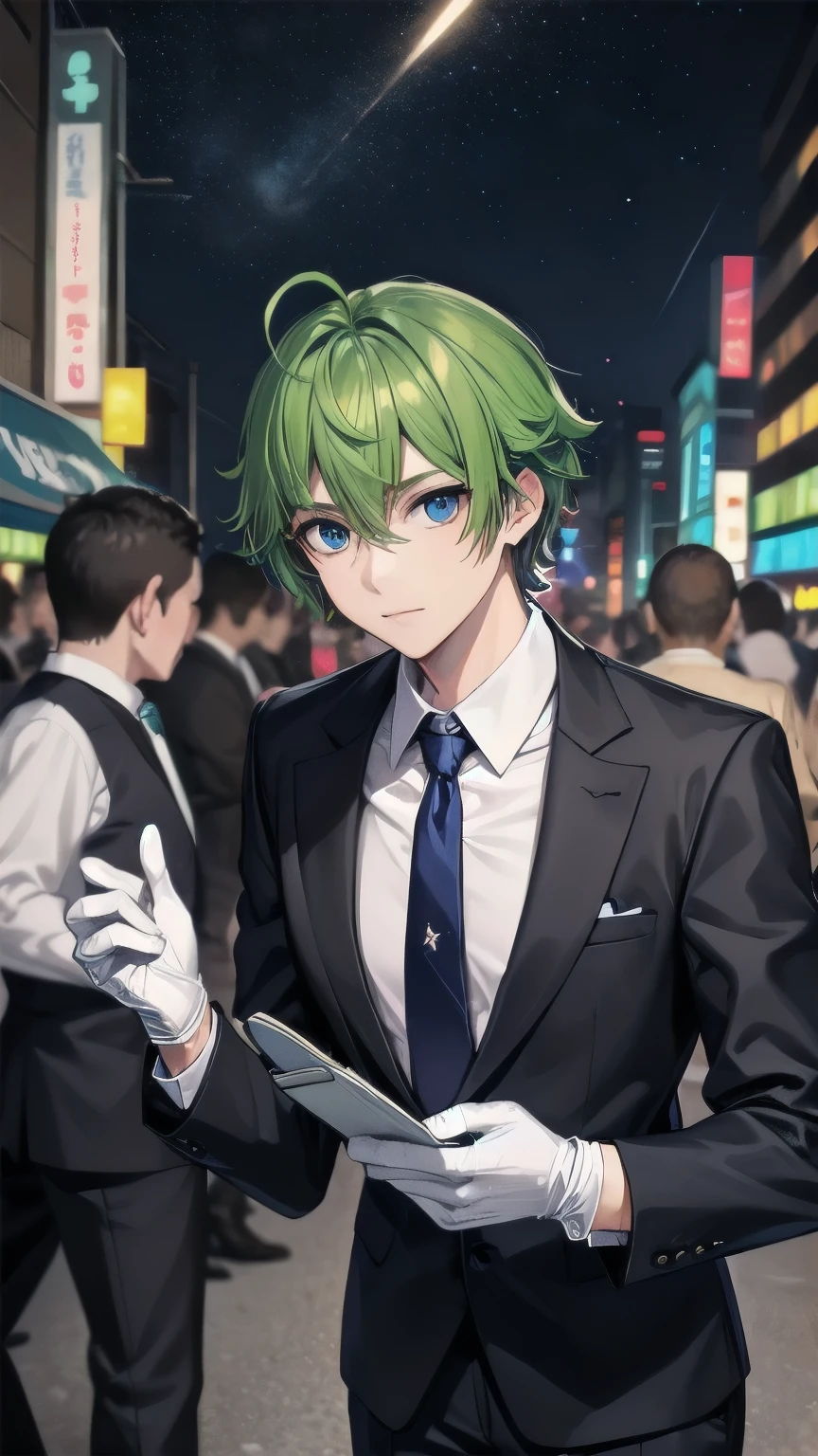 (masterpiece), ((sfw)), best quality, expressive eyes, perfect face, mature male, ((1boy, adult Man)), young adult, young man, solo, Green hair BREAK ahoge, blue eyes BREAK formal outfit, black outfit, necktie, white gloves BREAK standing, closed mouth, pov, city lights, night streets, ((crowd, people)), night sky, starry sky