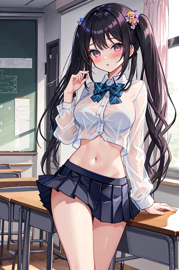 A girl,twintails,Long hair,Black Hair,((transparent)),shirt,Towering breasts,Sexy Lingerie,Slim waist,Showing belly,Pleated Skirt,Smooth legs,blush,classroom,Floral hair ornaments,