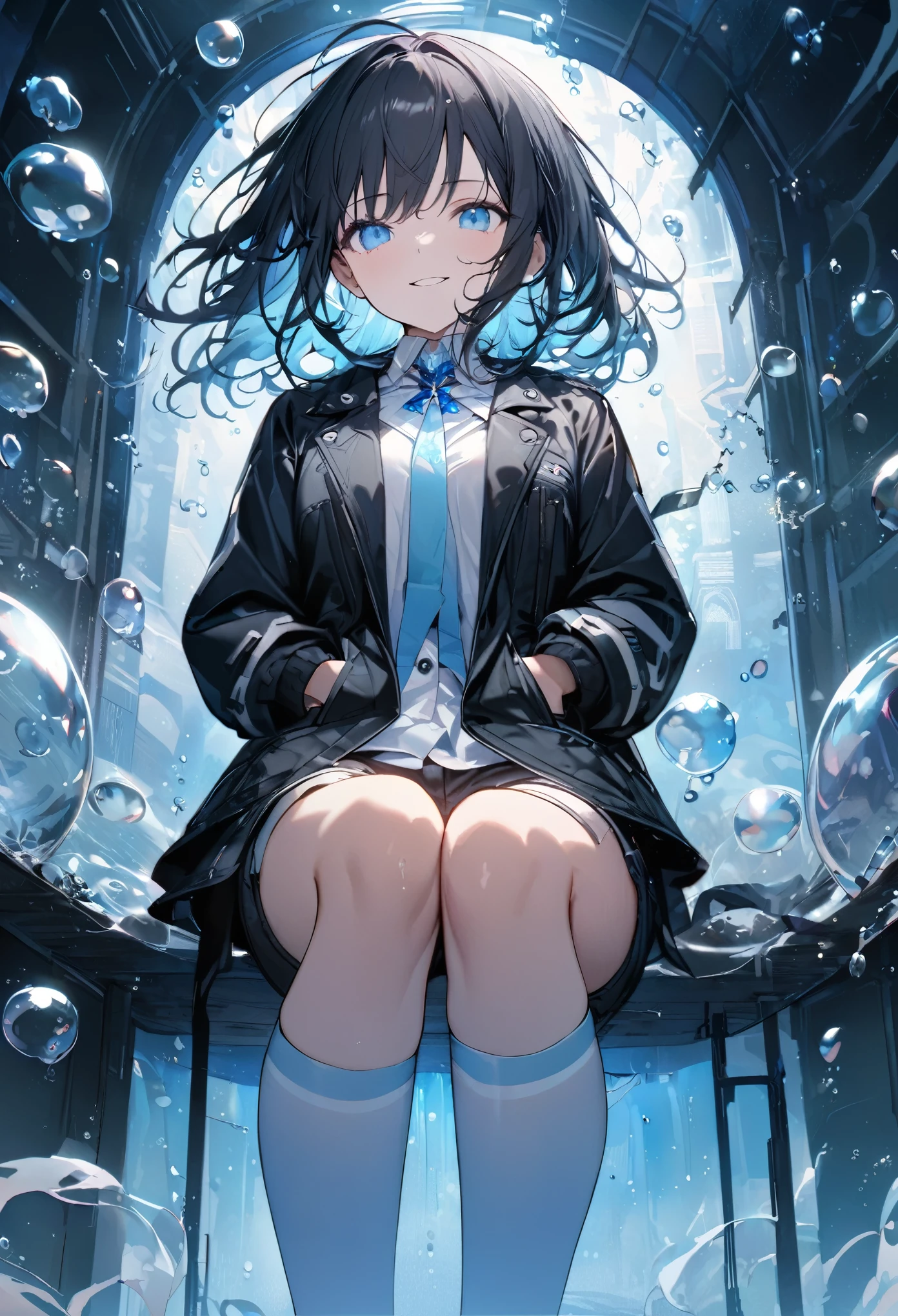 ((highest quality)), ((masterpiece)), ((Ultra-detailed)), (Very delicate and beautiful), With a girl, solo, Cold attitude,((Black jacket)),She is very(relax)with(Calm)Appearance,Black-haired, Depth of written boundary,Wicked Smile,bubble, Underwater, Air bubbles,bright light blue eyes,Light white hair on the inside、The hair tips are bright blue,Cold Background,Bob Hair - Line Drawing, Shorts、Knee-high socks、Like a white uniform 、Light blue ribbon tie、The clothes are transparent、Put your hands in your pockets、Eyes as bright as sapphires,Fluorescent Blue, A small blue light was floating、Upward glance、