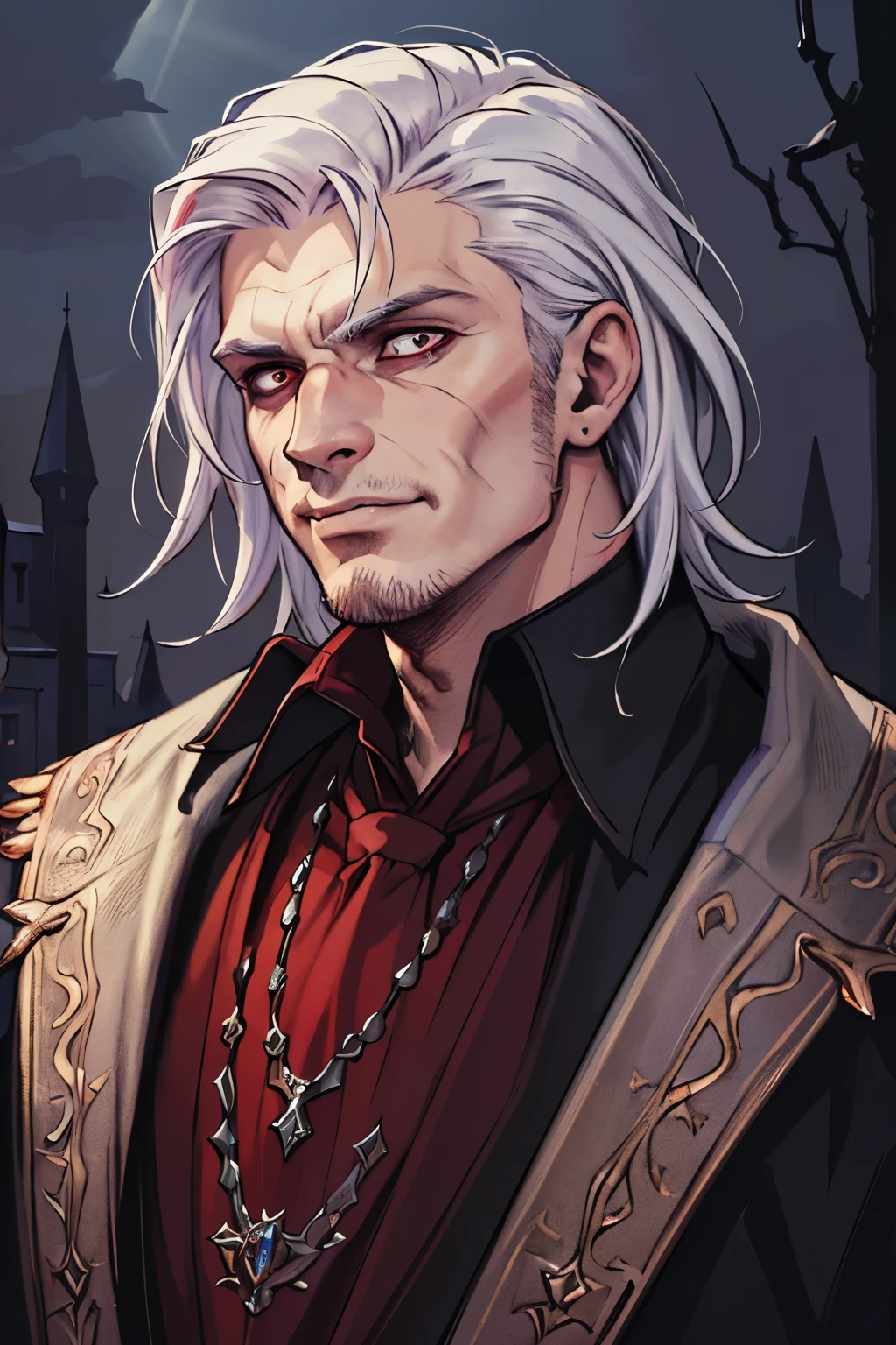 (masterpiece:1.1)(best quality,4k,8k,highres,masterpiece:1.2),ultra-detailed,(original design:1.1),(unique accessories:1.1),(medieval fantasy:1.1),professionally retouched,(close-up:1.1),portrait,night, low light, shadows, macabre environment,(male:1.1) male vampire RPG character, white hair, red pupils, fanged mouth