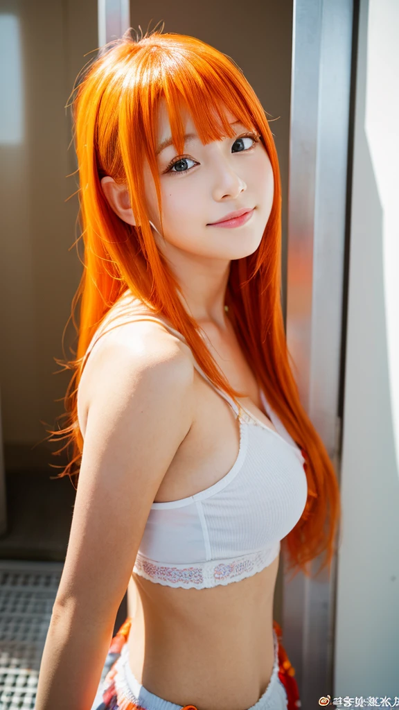 young woman, orange hair, Gravure idol, show one's side,(Show your large armpits), Artistic, (corset), (whole body),Supermodel, glamorous,mini dress cosplay,(Gothic ta),(pretty eyes),(swimsuit),(garter belt),