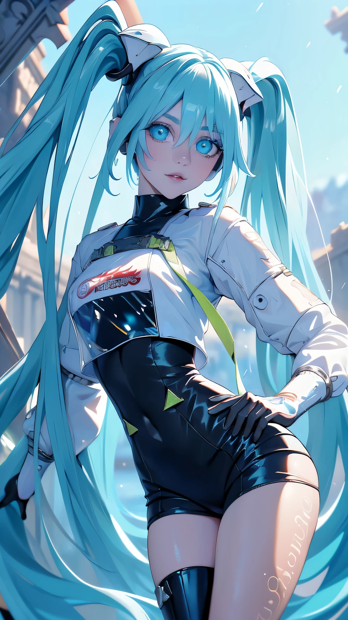 (La mejor calidad,A high resolution,Ultra - detallado,actual), Miku Hatsune, ,(Fondo de ruinas de mazmorra en ruinas:1.4 ), pechos grandes, dynamic pose , pelo verde oscuro, (colas gemelas) , cabello muy largo, Put your arms behind your back, blue eyes, ojos brillantes, cara relajada, pelo de las cejas, cabello brillante,,(Fondo de ruinas de mazmorra en ruinas:1.4 ), piel brillante, una ligera sonrisa, Racing Miku, cuerpo negro, chaqueta corta, chaqueta blanca, manga larga, guantes de dos tonos, botas altas de muslo,,(Fondo de ruinas de mazmorra en ruinas nublado lluvia :1.4 ),(Obra maestra: 1.4), (8k, realista, foto cruda, La mejor calidad: 1.4),(Miku Hatsune:1.4), (Miku-hatsune V2.1), (Detalles de la cara: 1.5, (ojos azules hermosos :1.4) , hermoso rostro, ojos bonitos, Iris lining, labios delgados: 1.5, delgado, pale and sharp eyebrows, Largo, dark eyelashes, double eyelashes),manos perfectas: 1.5, (Kinematic V2.1)