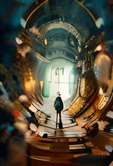 a boy standing looking at the clock like figgure. make the backround wide and full of mystery. this is the reference. make it like this but like paraphrase