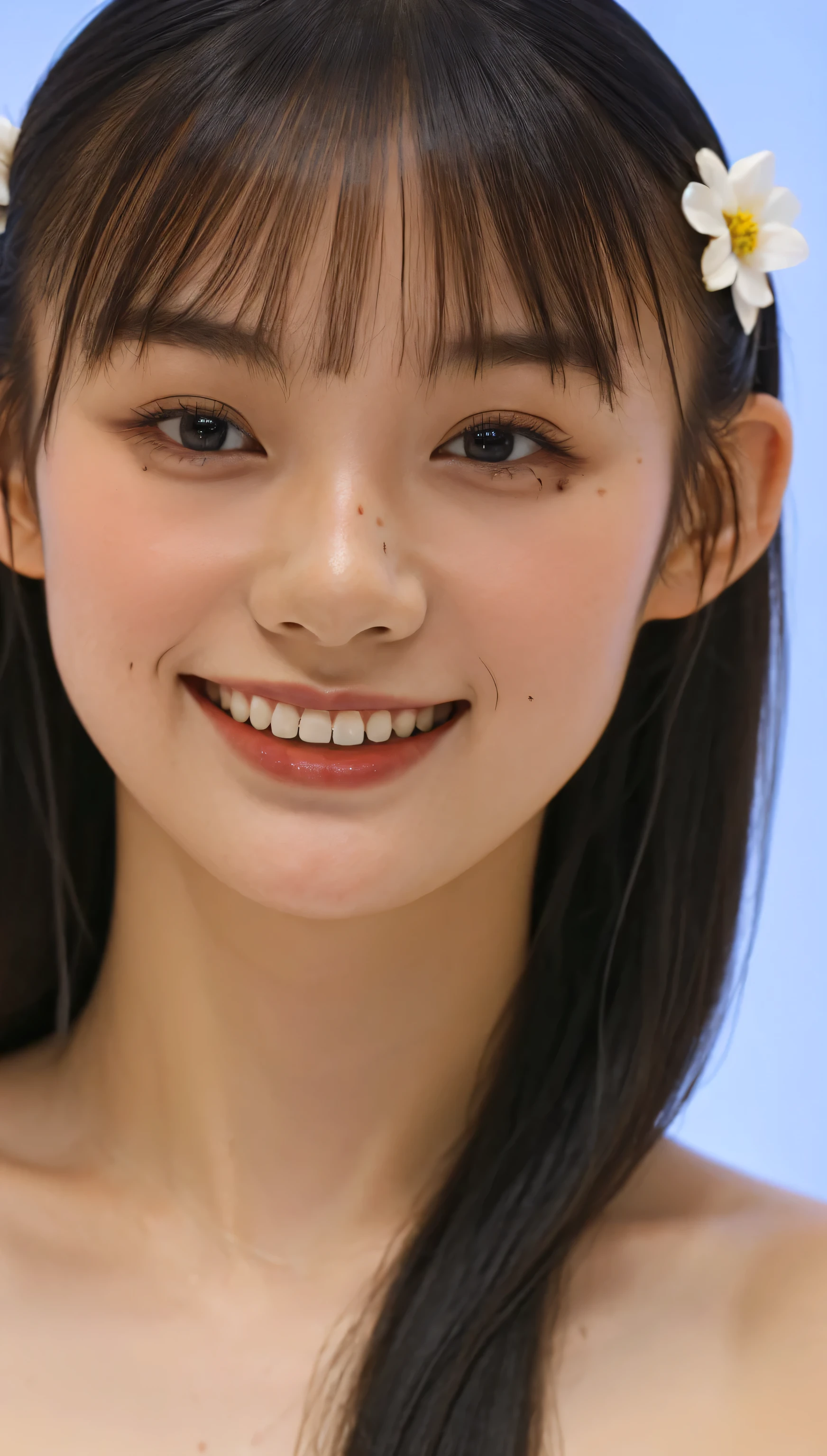 (((upper body shot))),((nude)),(nipples),Ultra-high resolution,big eyes,smile,Japanese,bangs,(a girl),(1 girl),((18-year-old)),(cute),pretty,((slanted eyes)),long hair