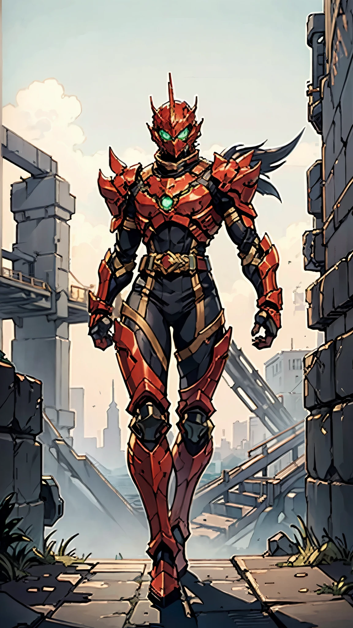 A man wearing a full-face helmet, a fantasy-style biomecha armored combat suit, green eyes, a composite layered chest armor, fully enclosed shoulder guards, matching arm and leg guards, the belt is adorned with dragon claw grasping orbs, primarily black with red accents, the design balances heavy with agility, a high-tech biological armor, concept inspired by dragons,stand on the top of a skyscraper in a futuristic sci-fi city, this character embodies a finely crafted fantasy-surreal style armored hero in anime style, exquisite and mature manga art style, ((male:1.5, element, plasma, energy)), metallic, real texture material, dramatic, high definition, best quality, highres, ultra-detailed, ultra-fine painting, extremely delicate, professional, perfect body proportions, golden ratio, anatomically correct, symmetrical face, extremely detailed eyes and face, high quality eyes, creativity, RAW photo, UHD, 32k, Natural light, cinematic lighting, masterpiece-anatomy-perfect, masterpiece:1.5
