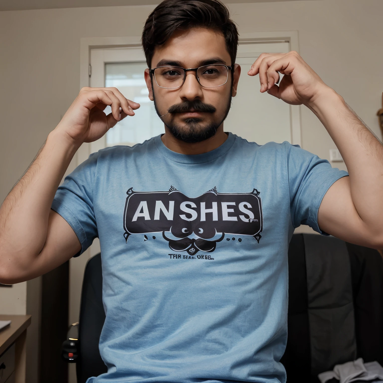 A boy with T shirt and jeans wearing a glasses having little beard and moustache. The text printed on his T shirt is as "Sanskar"