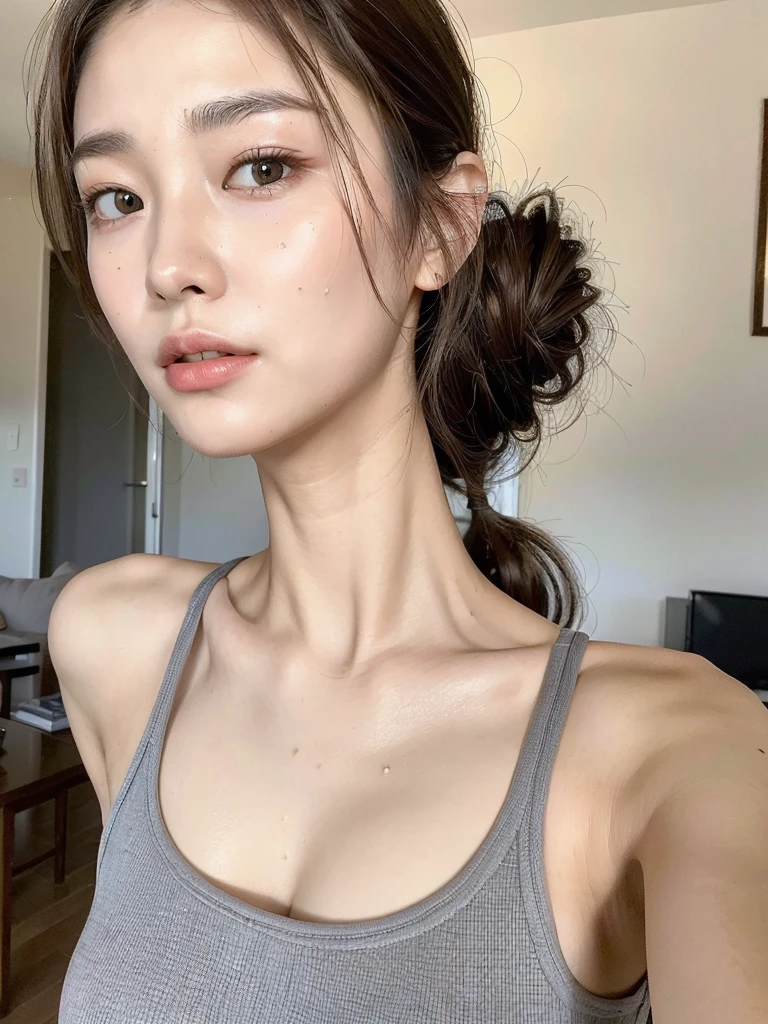 ((Best quality, 8k, Masterpiece :1.3)), 1girl, Pretty woman with emphasizing slender abs :1.3, (random hairstyles :1.2), Oversized tank top :1.2, Ultra-detailed face, Detailed eyes, Double eyelid, armpit, sweaty, cleavage, living room、Sweating、Big Breasts、