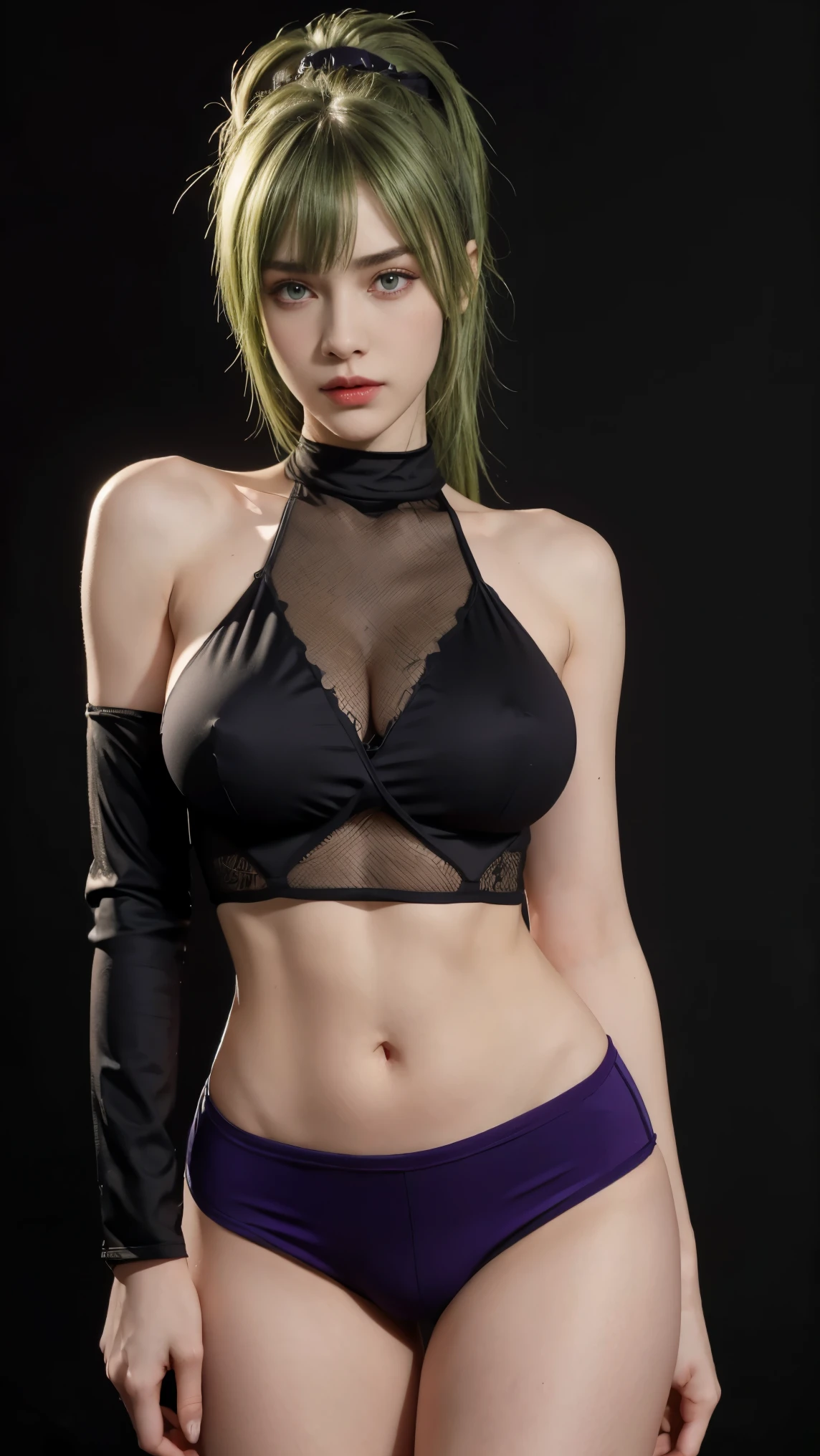8K, Top Quality, Intricate Details, Ultra Detail, Ultra High Resolution, Masterpiece, close up shot, (full body: 1.1), Slender, Smile, (Makeup: 0.4), (Fluffy purple Eyes: 1.21), ((purple eyes)), 1girl, solo, 1 girl, ((green hair, bangs, long hair, high ponytail)), close up shot, , ((tall)), (((fit body))), (((slim face))), sharp face, (( crop top, hot pants,)) (detailed face), sharp face, small lips, ,one leg up , lift one leg up ,
((, )), , ((,)), detailed face, detailed breast, , ((large breast, huge breast)), detail ass, Narrow Waist, Skinny, tall , 175 cm tall, Muscular, Navel, Exposed Abdomen, Pointed Chest,, Beautiful girl with accentuated slender abs: 1.4, Six Pack Abs: 1.4, Bust Botox, Big, Perfect Body, detail leg, (( dark background)), black background,