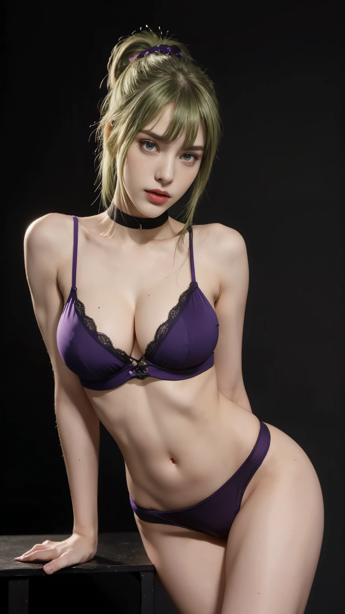 8K, Top Quality, Intricate Details, Ultra Detail, Ultra High Resolution, Masterpiece, close up shot, (full body: 1.1), Slender, Smile, (Makeup: 0.4), (Fluffy purple Eyes: 1.21), ((purple eyes)), 1girl, solo, 1 girl, ((green hair, bangs, long hair, high ponytail)), close up shot, , ((tall)), (((fit body))), (((slim face))), sharp face, (( crop top, hot pants,)) (detailed face), sharp face, small lips, ,one leg up , lift one leg up ,
((, )), , ((,)), detailed face, detailed breast, , ((large breast, huge breast)), detail ass, Narrow Waist, Skinny, tall , 175 cm tall, Muscular, Navel, Exposed Abdomen, Pointed Chest,, Beautiful girl with accentuated slender abs: 1.4, Six Pack Abs: 1.4, Bust Botox, Big, Perfect Body, detail leg, (( dark background)), black background,