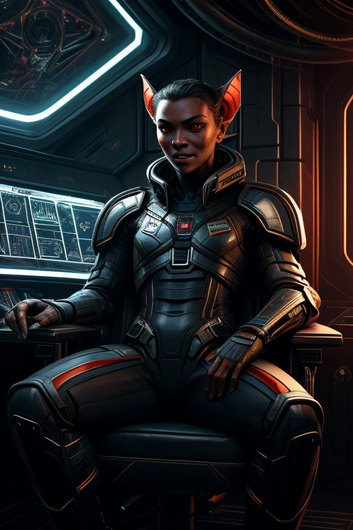 portrait, detailed face, cinematic, (humanoid alien anthropomorph bat), ((androgynous)), wearing black high tech armor, red colored eyes with no iris, sitting in a commander chair, high tech spaceship command bridge background, dark evil environment, (art by Incase)