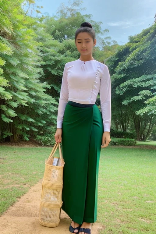 A school teacher is 30years old.Tall, thin, big hips, big breasts, blonde hair, small lips, blue eyes, attractive, 64K.Top=white Burmese blouse,With long sleeves,Buttoned at the side.Bottom=(Dark green) long skirt.
Footwear=female Burmese sandals,The hair is knotted bun.European.