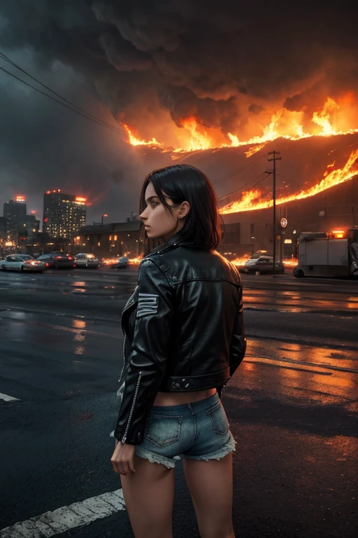 woman, torn shorts and leather jacket, apocalypse landscape, city with fires, rain